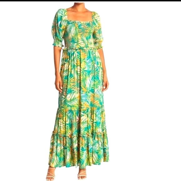 Betsey Johnson Women's Tropical Print Tiered Maxi Dress Green Size L - Picture 1 of 7